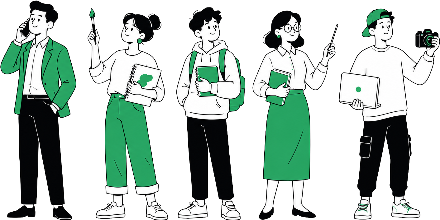 Formtasia mascots — business, creators, students, teachers, and makers